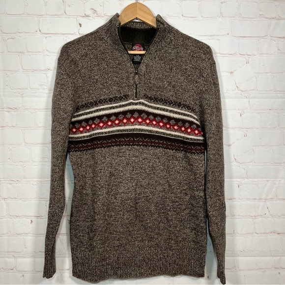 Nick Danger Sweater Mens Large Brown Aztec Lambswool Southwestern 1/4 Zip - Picture 1 of 8